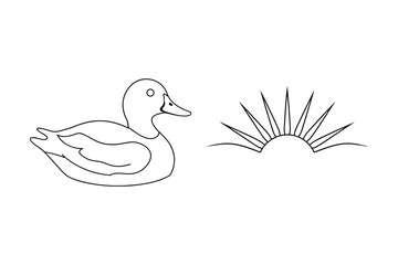 Simple line art illustration of a duck beside a sun symbol on a white background