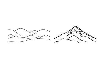 Minimalist outline vector illustration depicting landscapes with rolling hills and mountain peaks isolated