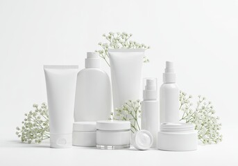Assortment of blank white cosmetic containers with baby's breath flowers