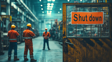 Industrial shutdown procedures workers in safety gear factory environment action scene