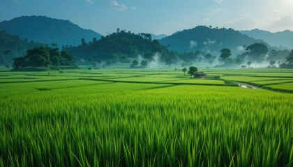 Obraz premium Serene Rice Paddies and Misty Mountains