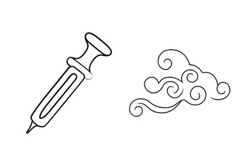 Outlined illustration of a decorative cloud and medical dropper element in black and white style