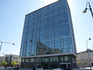 Obraz premium The building has a very modern and sleek design. The windows are large and the building is very tall