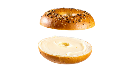 a sliced bagel, with cream cheese in the bottom half