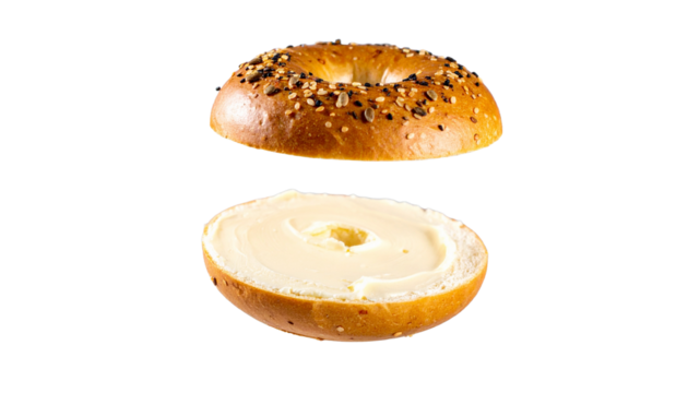 a sliced bagel, with cream cheese in the bottom half