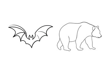 Simple black and white outlines of a bat and a bear on a clean white background