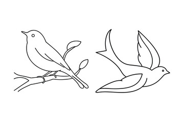 Simple line art illustration of two birds one perched on a branch the other in flight