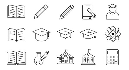 Education Icon Set: A comprehensive array of line art icons, representing education. This set of symbols encapsulates the essence of learning, academia, and scholarly pursuits.