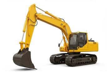 Isolated yellow excavator with bucket on white background, heavy construction equipment