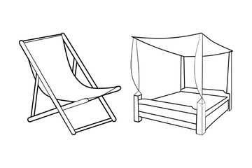 Line art illustration of beach chair and canopy bed isolated on white background for design elements