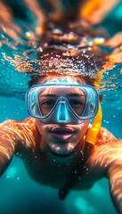 Fototapeta premium Young Woman Exploring Vibrant Coral Reefs, Snorkeling In Tropical Azure Water Paradise