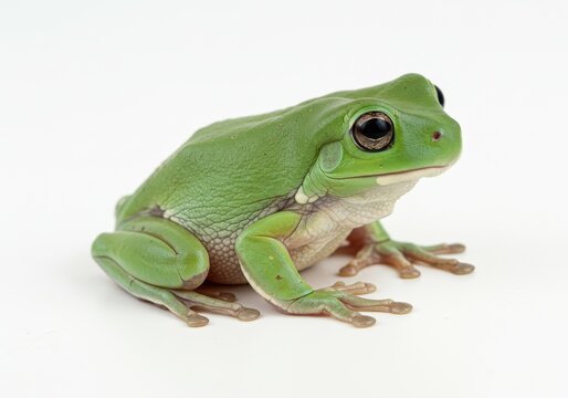 Australian green tree frog sitting on a white background looking forward