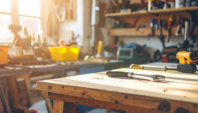 an indoor workshop space where various tools are visible along with work tables and equipment