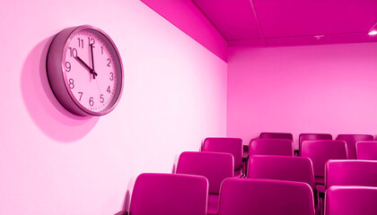 Obraz premium an interior setting with pink walls, illuminated clock on one wall suggesting a waiting or meeting area