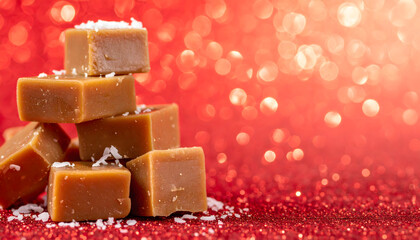 a festive scene with candy stacked into the shape of a small pyramid.