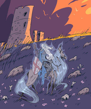 Ghost knight on the horseback at an ancient old fortress. Fantasy art hand drawn vector illustration