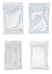 Flat lay set of four transparent A4 plastic bags with sealing strips, isolated, no background