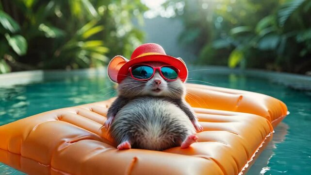 cute cartoon  mouse on inflatable mattress in pool in summer
