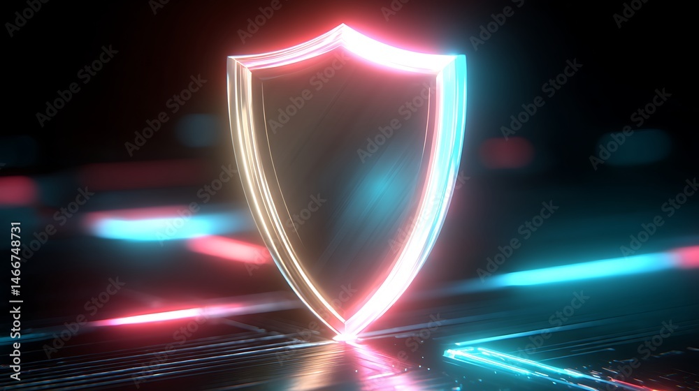 Fototapete A vibrant glowing chrome shield symbol on a digital background, representing cybersecurity and data protection in a futuristic technology environment, illuminated with neon colors