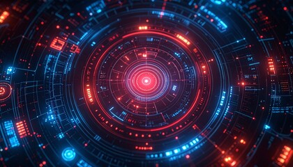 Obraz premium A digital circle design with bright red and blue colors, highlighting a central point of connection