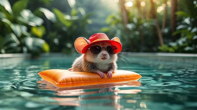 cute cartoon  mouse on inflatable mattress in pool in summer
