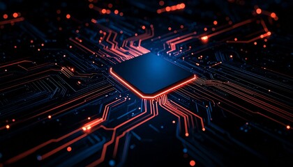 close-up of a glowing computer chip, a technological marvel, showcasing intricate circuitry and sparking innovation. The vibrant, futuristic aesthetic evokes a sense of progress and sophistication