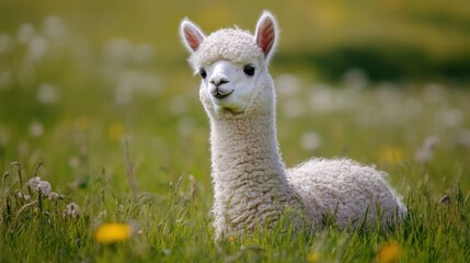 Fototapeta premium Llama Baby. White Alpaca Lamb Grazing on Green Meadow