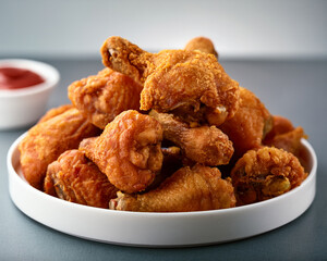 The crunchy texture and juicy interior of golden-brown fried chicken drumsticks are displayed on a white dish.