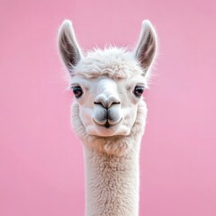 Obraz premium Llama Funny. Little Funny Alpaca on Pink Background with Isolated Farm Animal