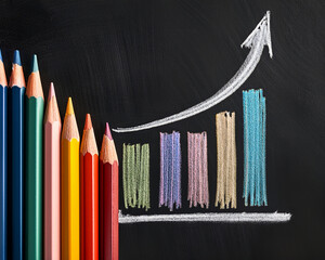 There are colored pencils on display with a line graph created in chalk that indicates expansion or rising tendencies.