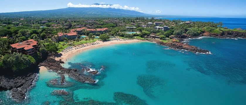 Aerial View of Wailea Beach Resort and Coastline in Maui Hawaii with Turquoise Water and Lush Greenery