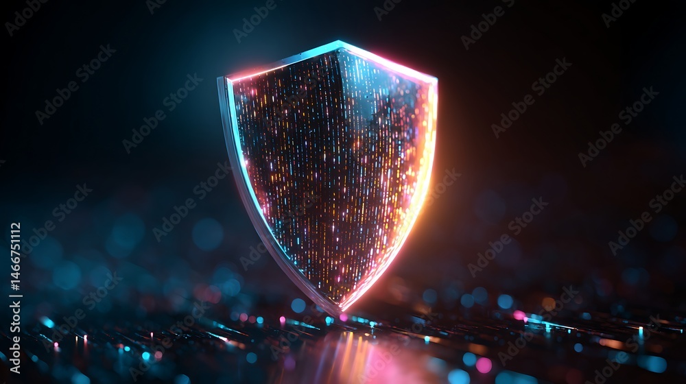 Aufkleber a vibrant glowing chrome shield symbol on a digital background, representing cybersecurity and data 