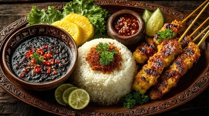 Indonesian chicken satay with rice and sauce