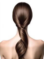 Naklejka premium Long Ponytail. Healthy Brown Hair Twisted into a Shiny, Straight Coiffure, Isolated on White Background