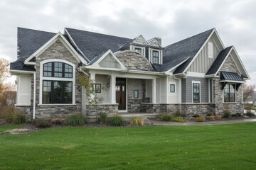 Full-width home with window bays and stone siding base 