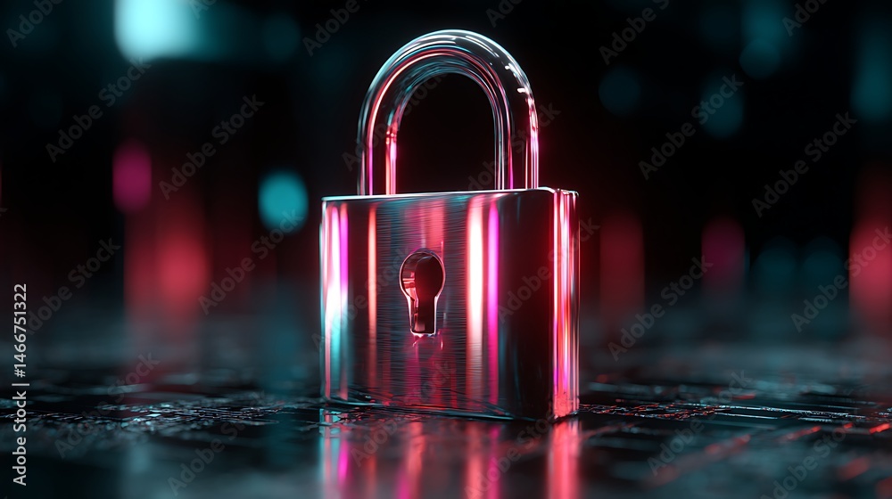Aufkleber a vibrant glowing chrome padlock symbol, illuminated with neon colors, digital shield symbolizing se
