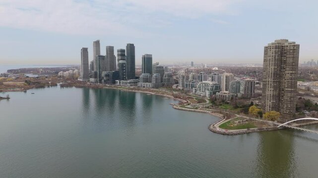 City Views Along Humber Bay In Lake Ontario South of Toronto, Ontario, Canada. Aerial Drone Shot