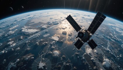 Obraz premium Satellite Orbiting Earth: A Breathtaking View of Our Planet from Space