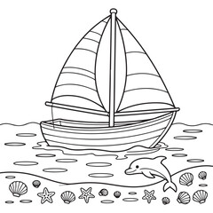 Coloring page of a sailboat on calm waters, ideal for travel, adventure, and nautical themes.