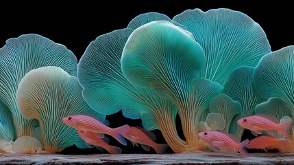 Microscopic coral polyp radiating electric blue bioluminescence as neon fish school swirls into perfect DNA helix formation