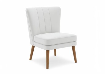 Elegant white upholstered chair with vertical channel back and wooden legs on a white background