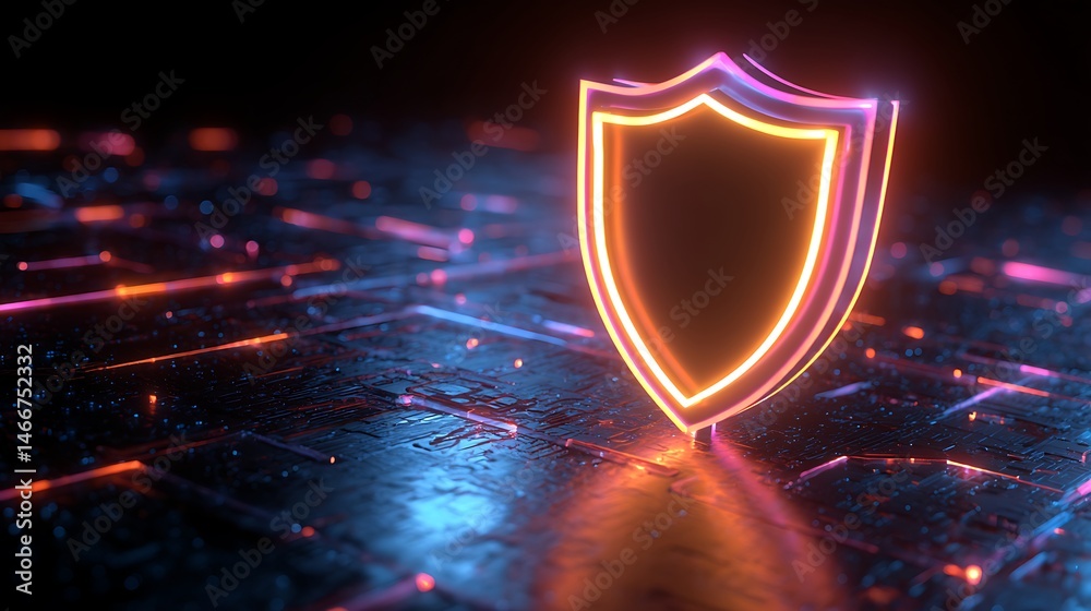 Aufkleber a vibrant glowing chrome shield symbol on a digital background, representing cybersecurity and data 