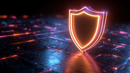 A vibrant glowing chrome shield symbol on a digital background, representing cybersecurity and data protection in a futuristic technology environment, illuminated with neon colors