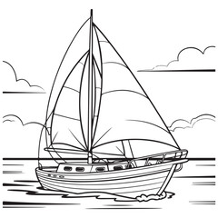 Coloring page of a sailboat on calm waters, ideal for travel, adventure, and nautical themes.