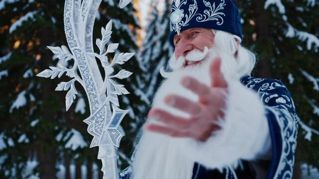 Ded moroz holding staff in snowy forest
