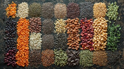 Variety of nuts and spices arranged neatly.