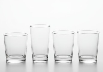 Four empty clear drinking glasses of various sizes stand on a white surface