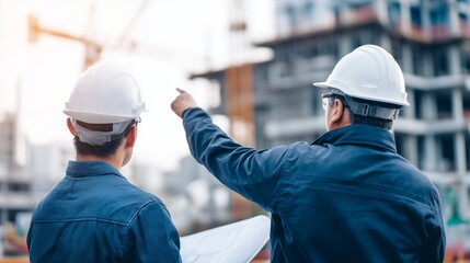 construction site engineers white hard hats discussing plans pointing daytime building background teamwork