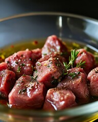 Food preparation Raw meat marinating in herbs and oil