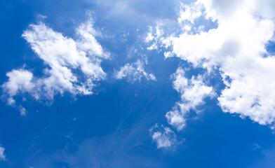 Bright blue sky with fluffy white clouds.